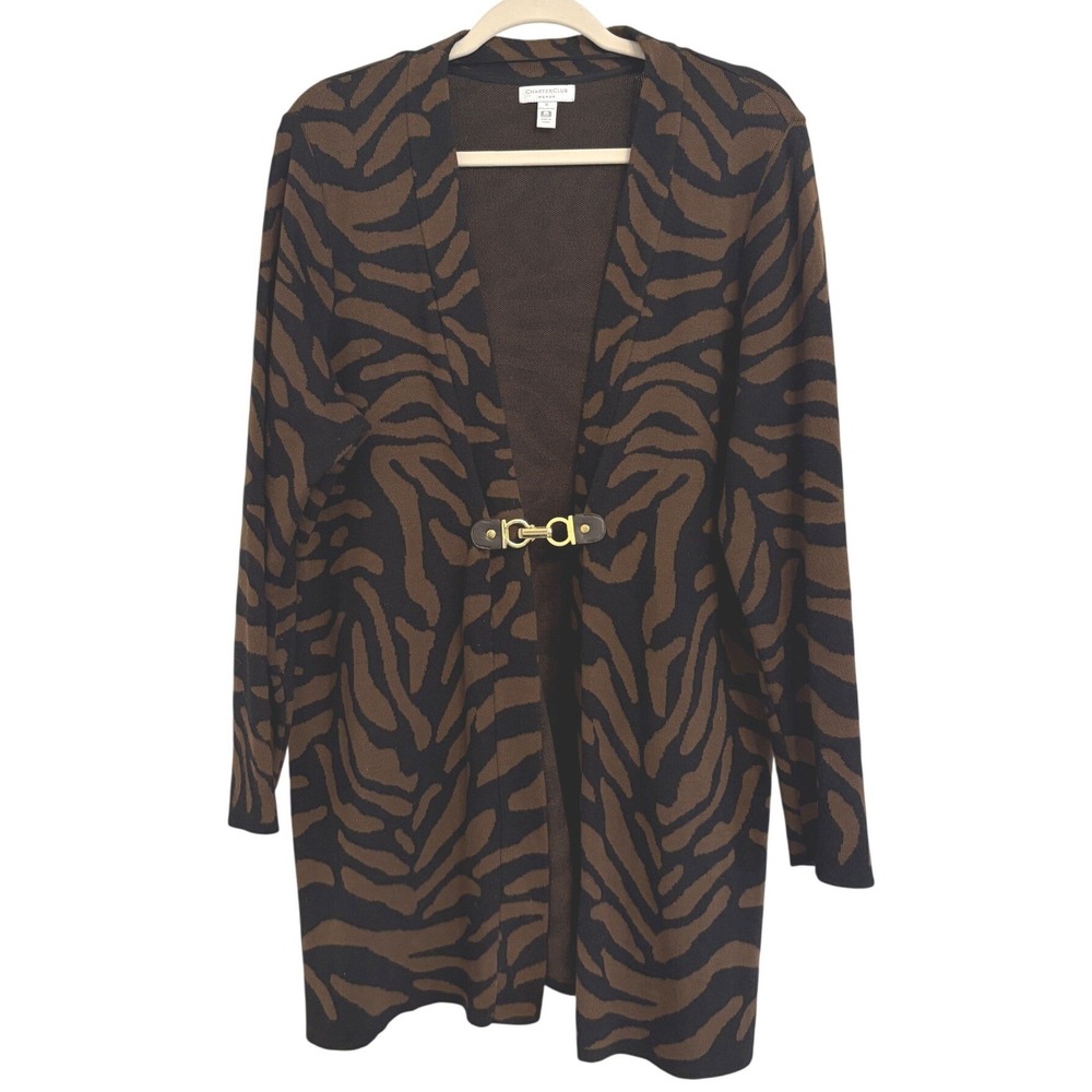 Charter Club Woman Zebra Print Long Cardigan Brown Black Cotton 1X Gold Clasp